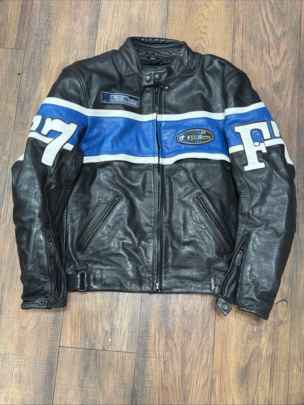 First Racing 3M Thinsulate Black Leather Motorcycle Jacket with Blue Strip